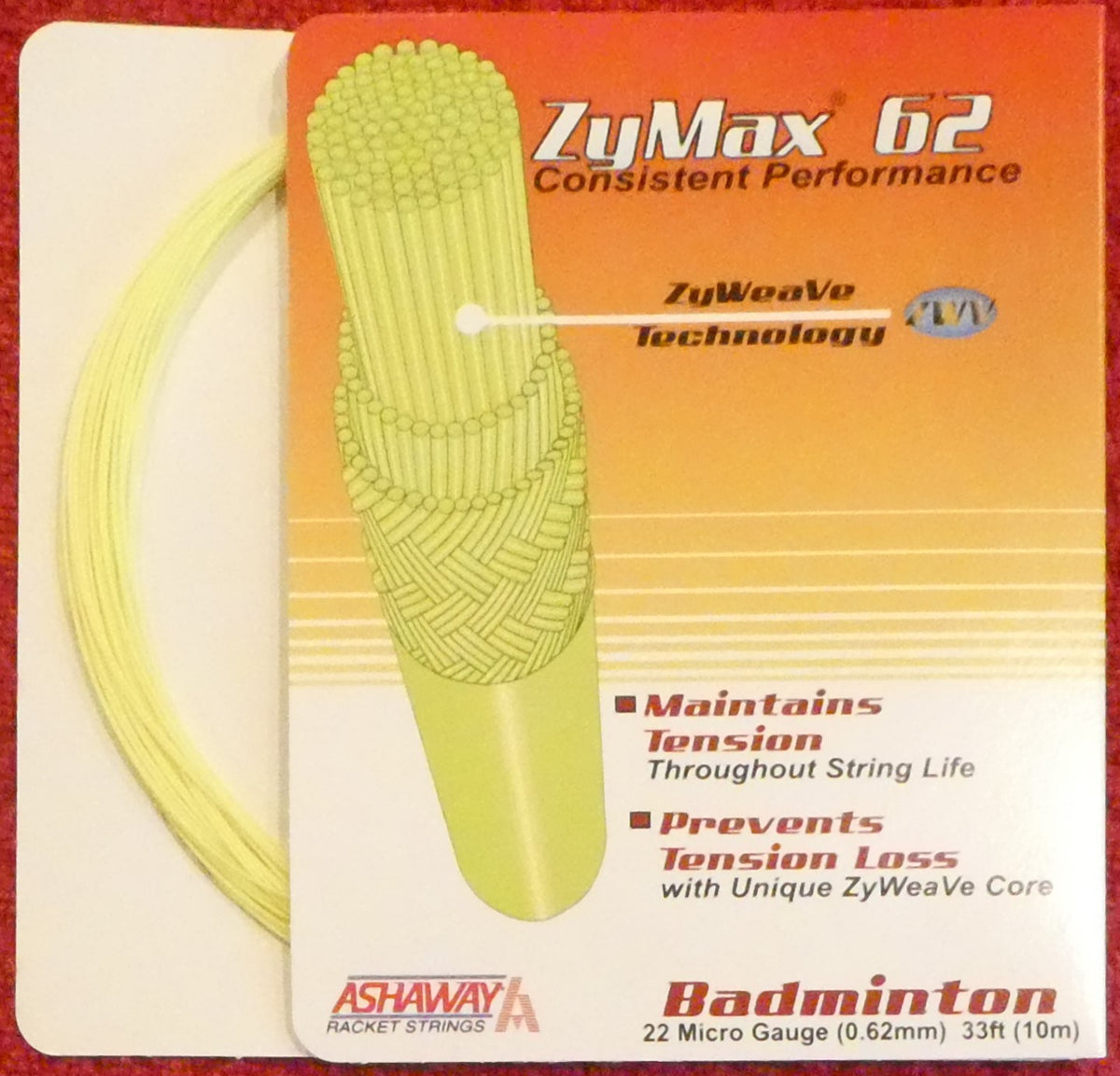 Ashaway ZyMax 62 Badminton String, Neon Yellow, 10 M SET