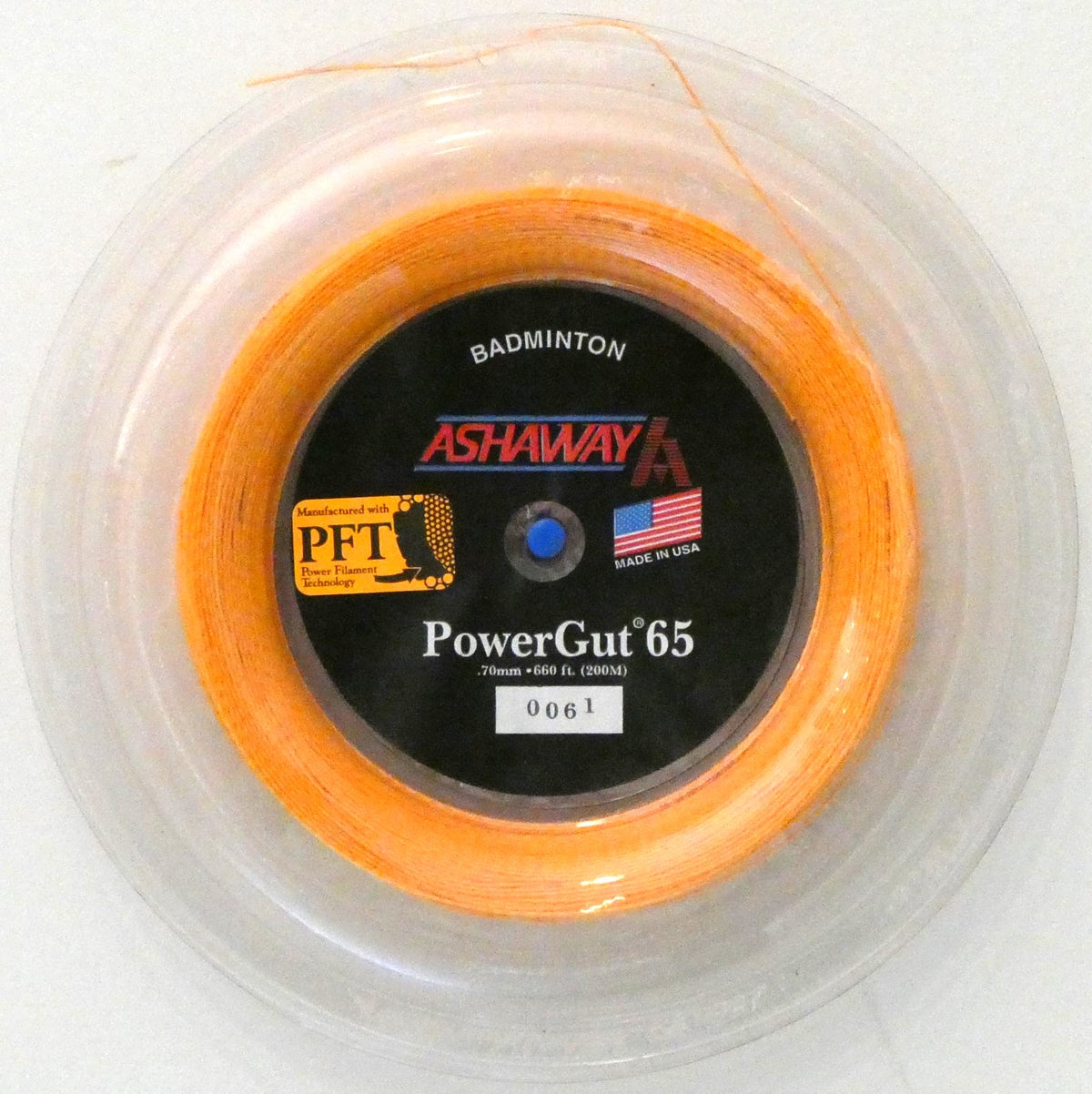 Ashaway PowerGut 65 Badminton String, Orange with red spiral, 200 M REEL
