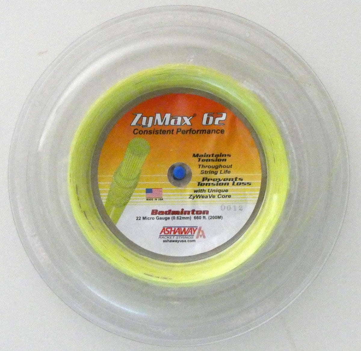 Ashaway ZyMax 62 Badminton String, Neon Yellow, 200 M REEL
