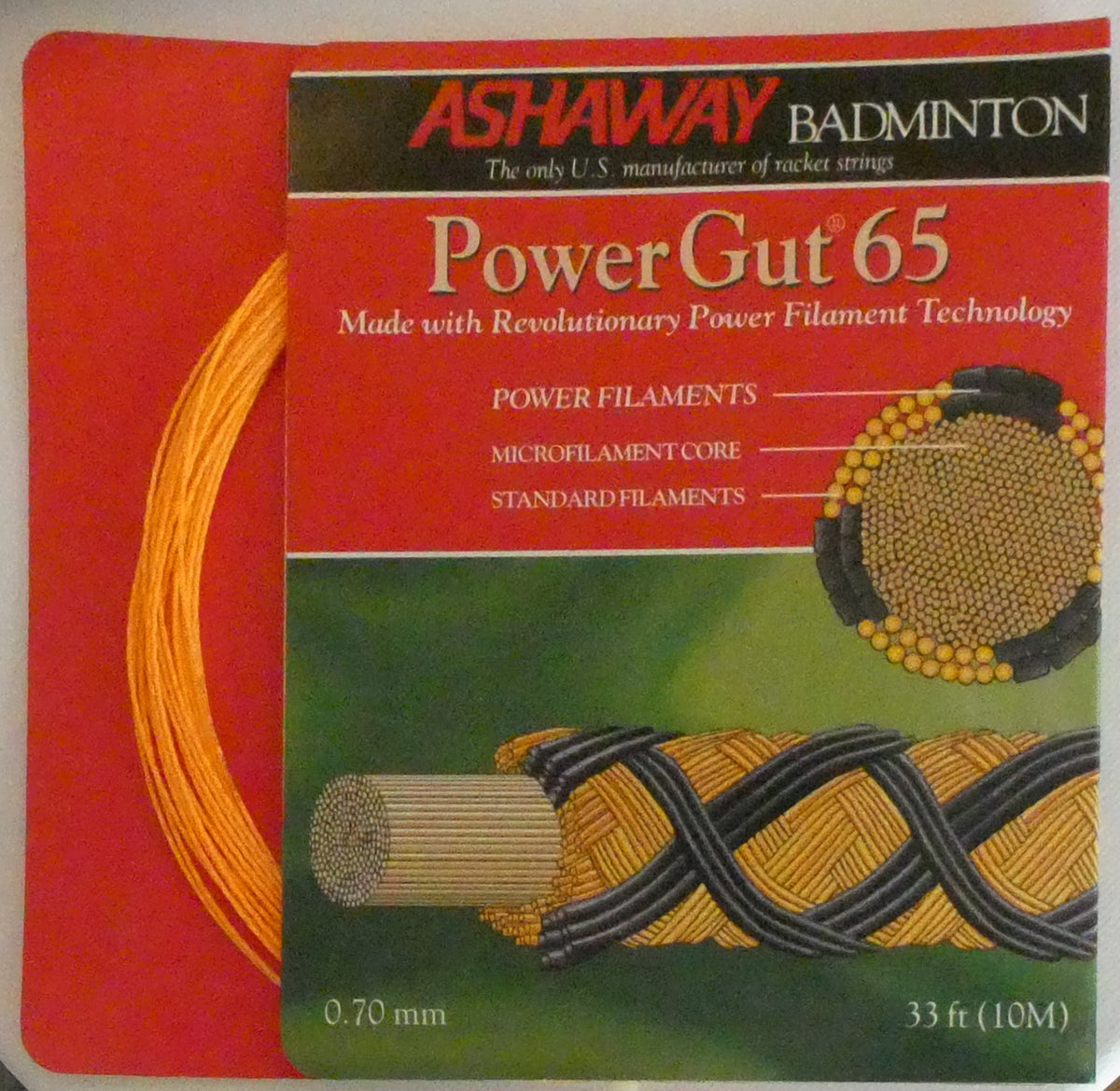 Ashaway PowerGut 65 Badminton String, Orange with red spiral, 10 M SET