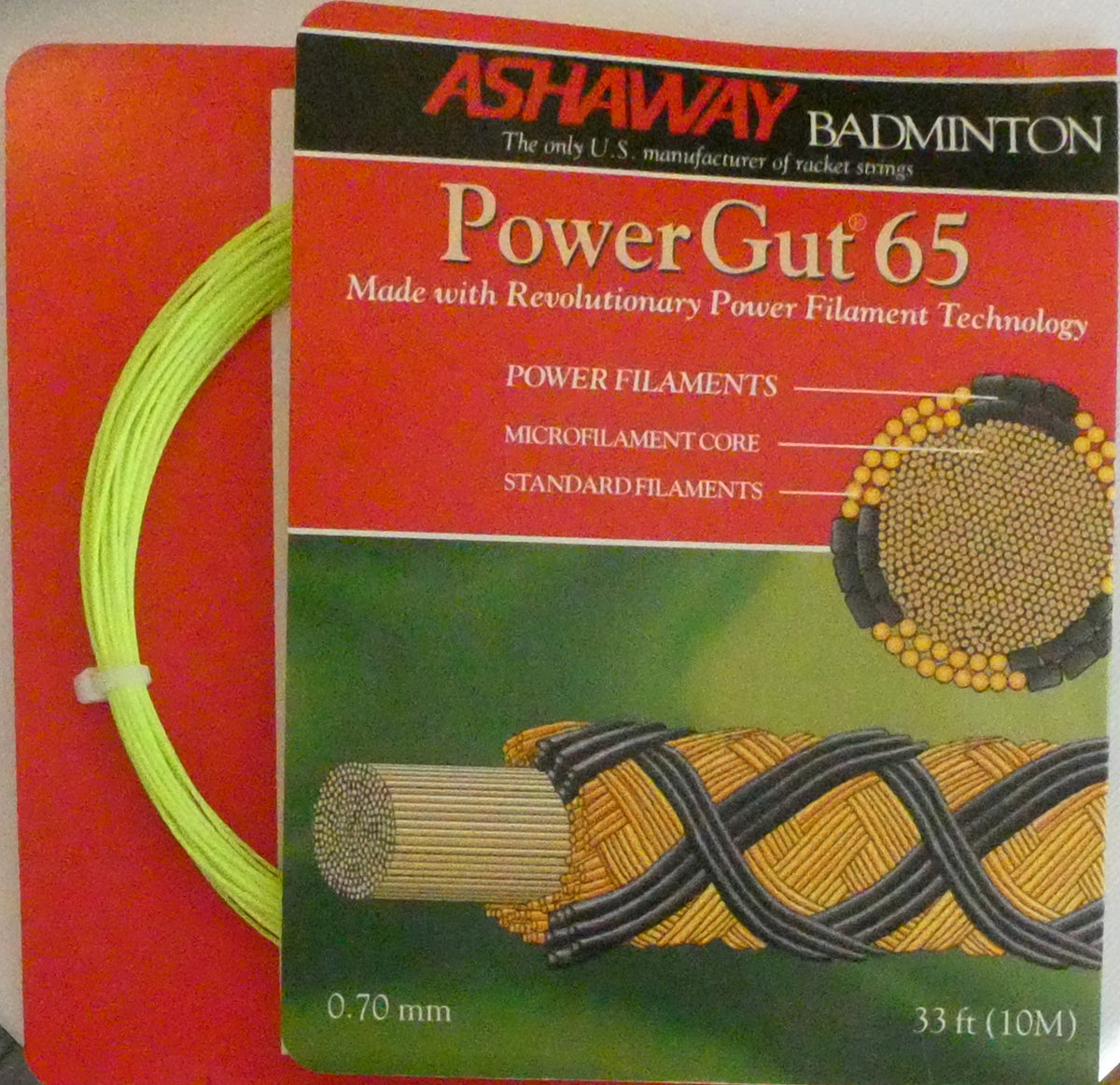 Ashaway PowerGut65 Badminton String, Neon Yellow, 10 M SET