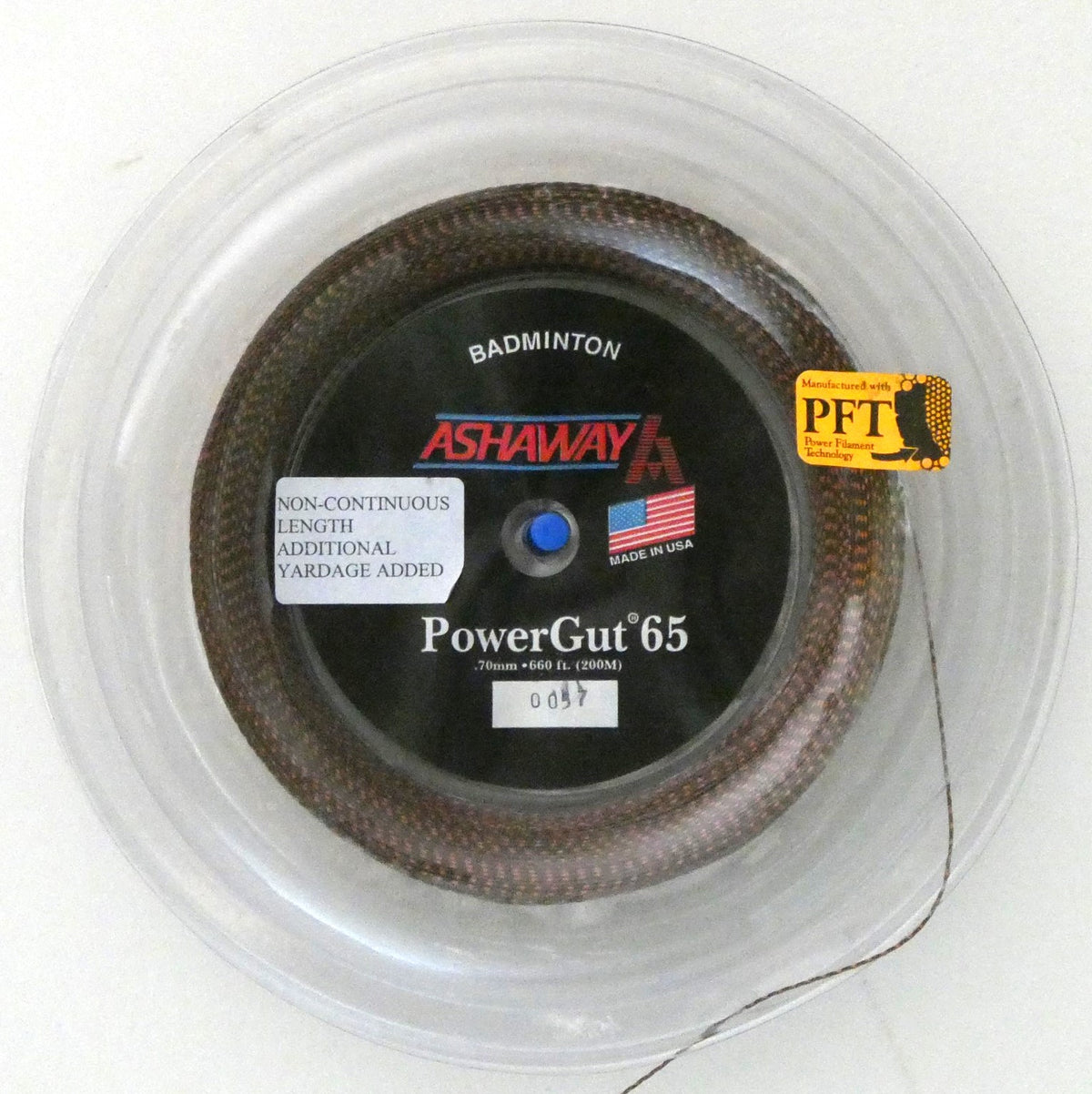 Ashaway PowerGut 65 Badminton String, Brown with orange spiral, 200 M REEL