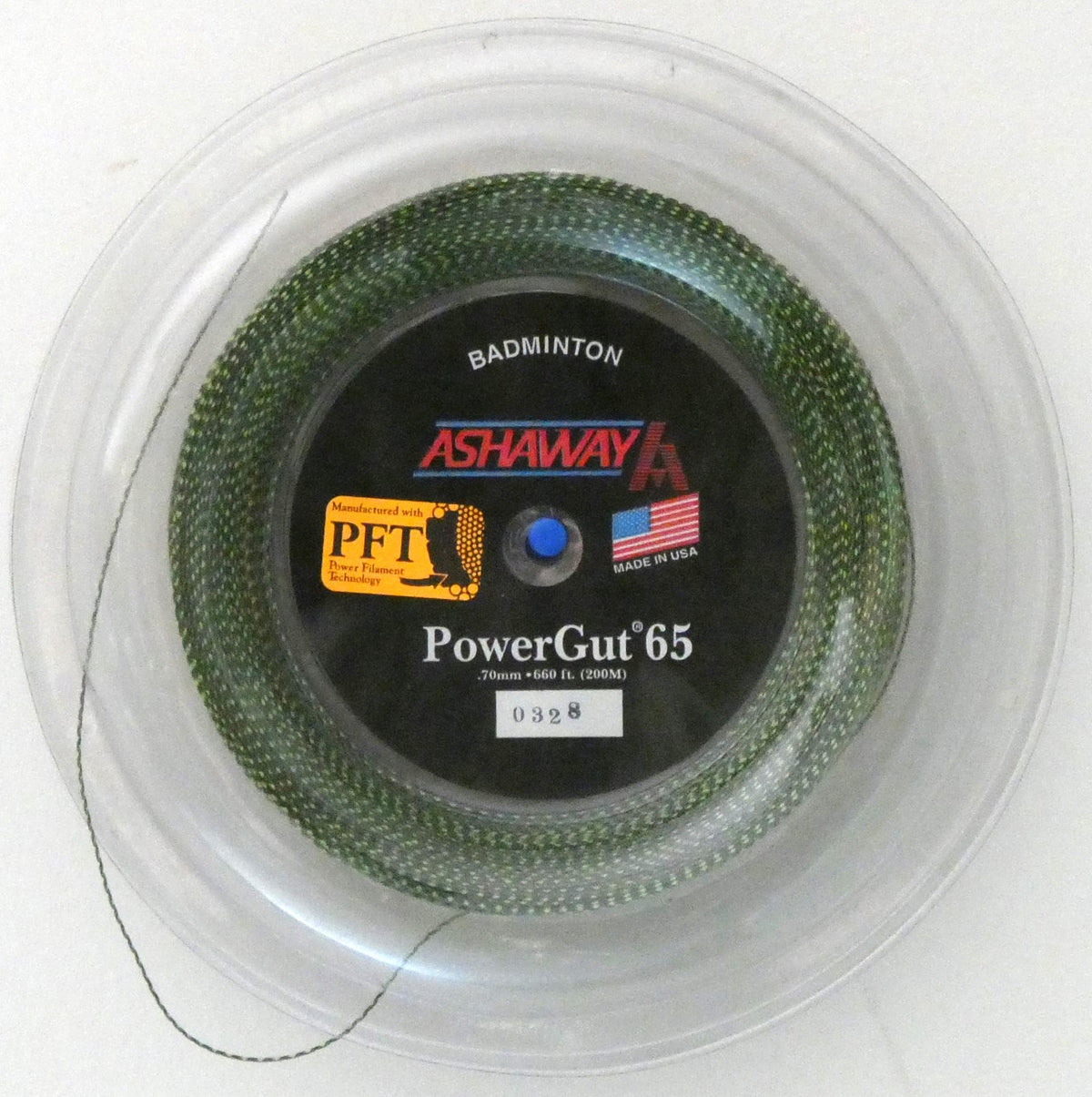 Ashaway PowerGut65 Badminton String, Green with dark green spiral, 200 M REEL